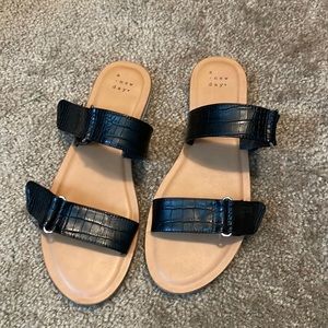 A new day black faux leather and tan sole sandals